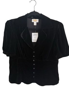 Vintage Talbots Petite Black Velvet Button-Front Puff Sleeve Blouse